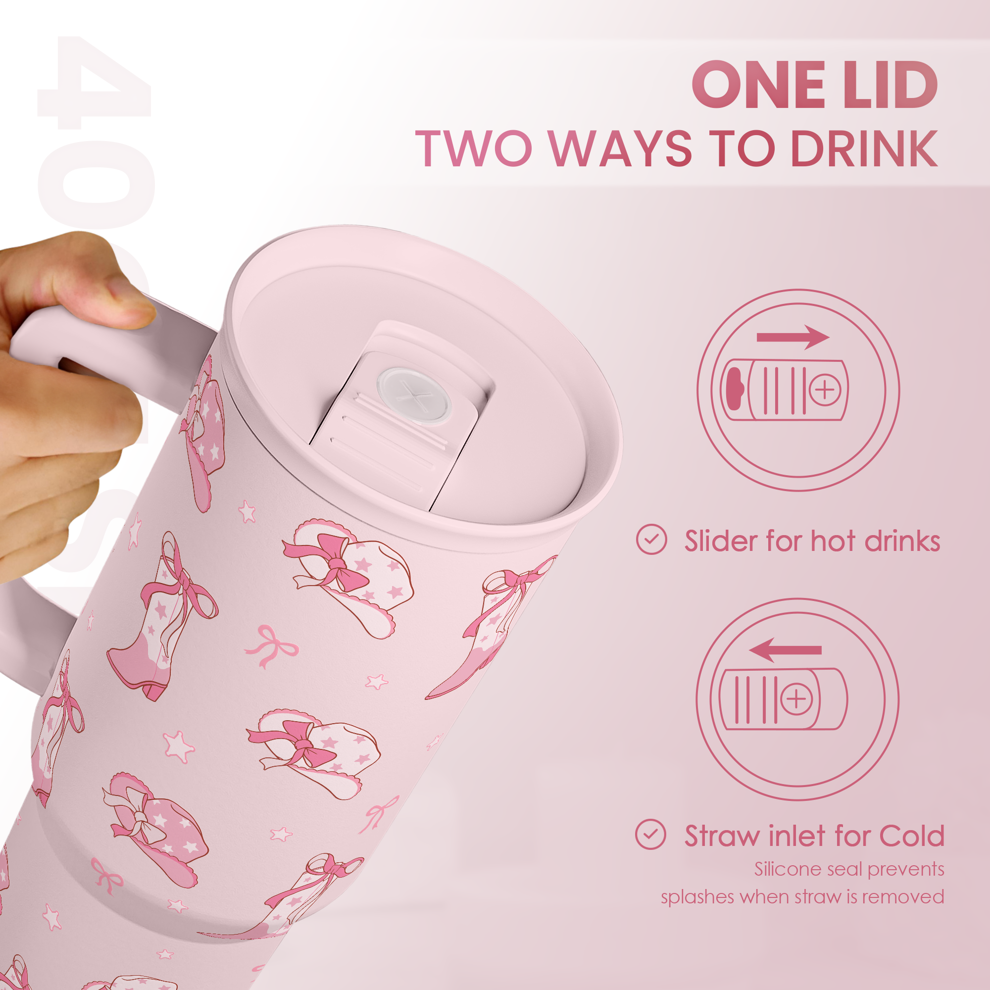 Pink Bow Cowgirl 40oz Slider Tumbler with Handle and Straw