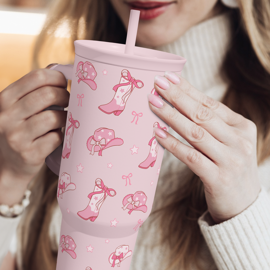 Pink Bow Cowgirl 40oz Slider Tumbler with Handle and Straw