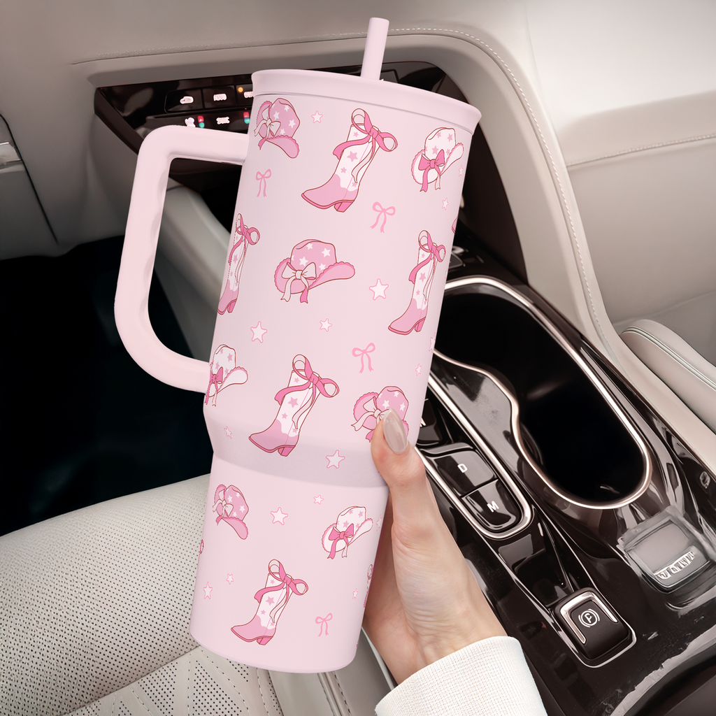 Pink Bow Cowgirl 40oz Slider Tumbler with Handle and Straw