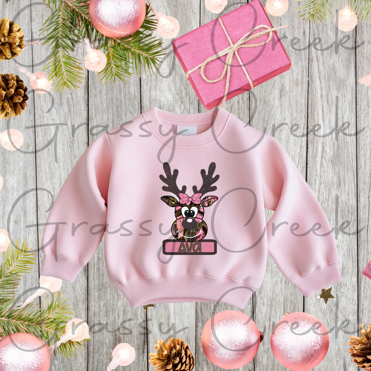 Pink Hunting Camoflauge Reindeer Youth Personalized Name PNG File - Digital Download