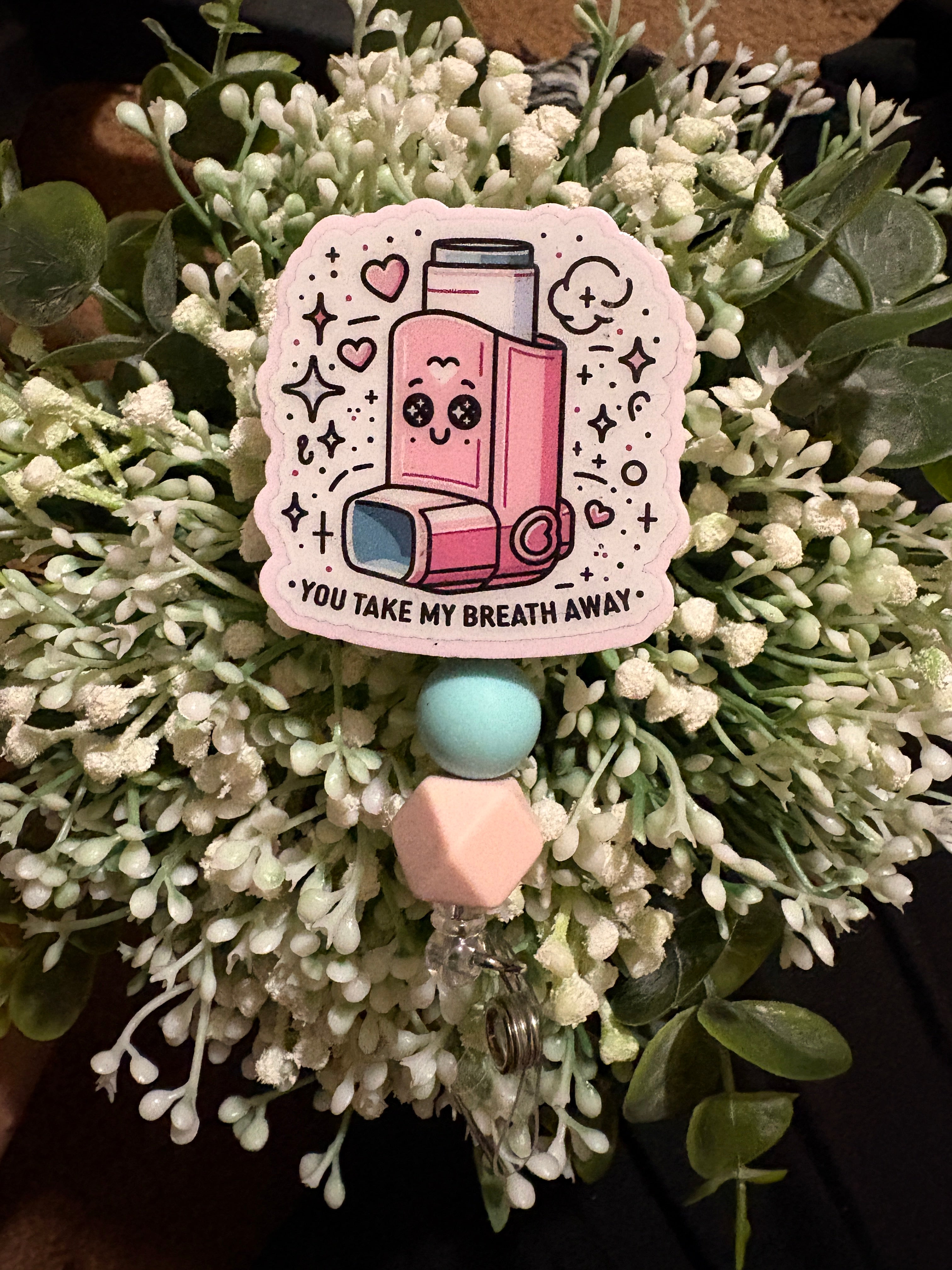 Inhaler Badge Reel “You Take My Breath Away” | Respiratory Therapist Gift, Cute Glitter Medical ID Holder, RT Nurse Badge
