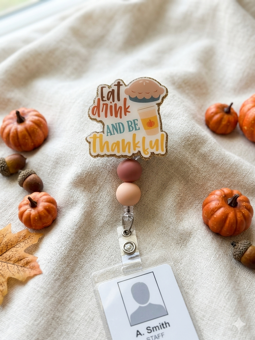 Eat Drink and Be Thankful Badge Reel | Thanksgiving Badge Holder | Fall Nurse Gift | Autumn Teacher Gift