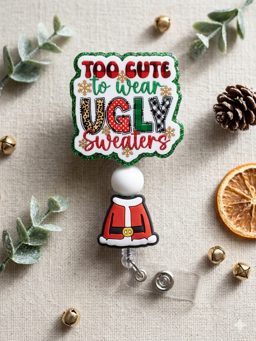 Funny Christmas Badge Reel | "Too Cute to Wear Ugly Sweaters" Holiday ID Holder, Festive Nurse Badge, Santa Suit Charm