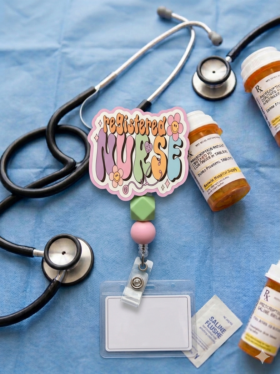 Retro Groovy Registered Nurse Badge Reel | RN Badge Holder with Beads, Colorful Nurse Gift