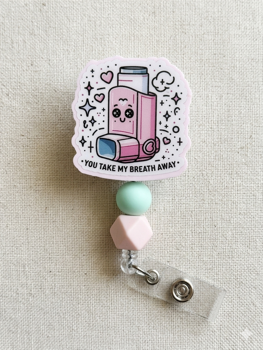 Inhaler Badge Reel “You Take My Breath Away” | Respiratory Therapist Gift, Cute Glitter Medical ID Holder, RT Nurse Badge
