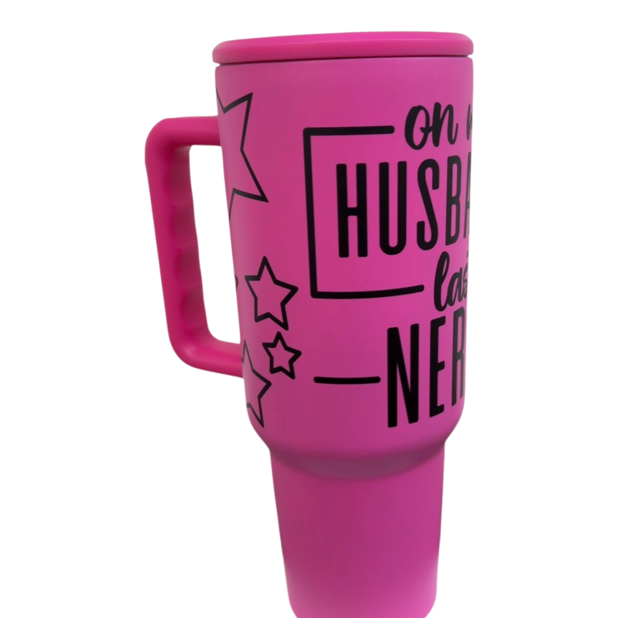 Side view showing the comfortable ergonomic handle of the pink 40oz tumbler