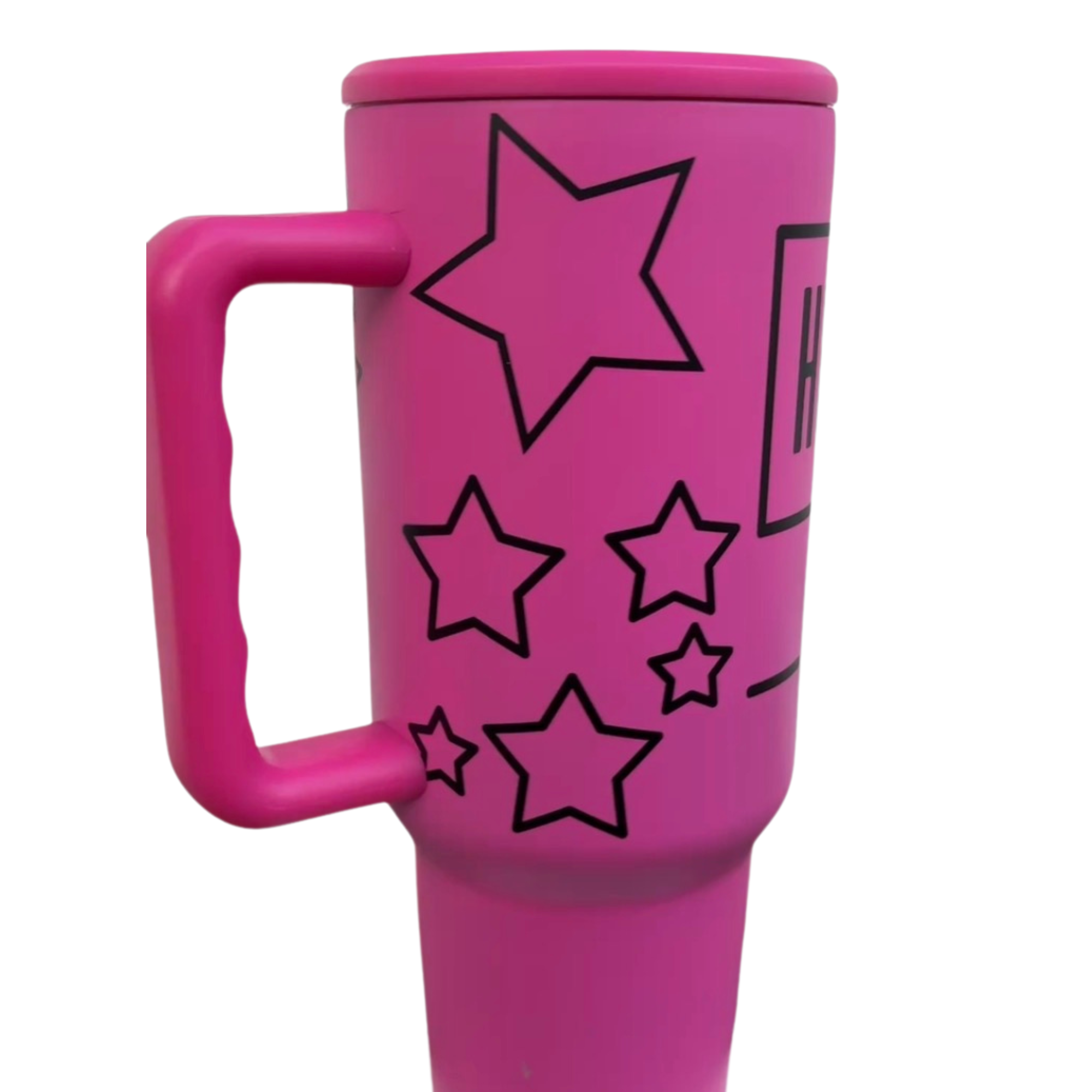 Side detail view showing black stars printed on the pink insulated tumbler