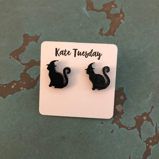 Black Glitter Cat Witch Earrings