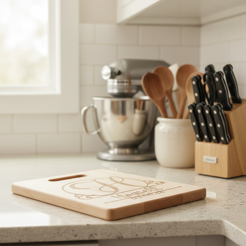 A personalized maple cutting board with a monogram and the name 'Howell' engraved on it.