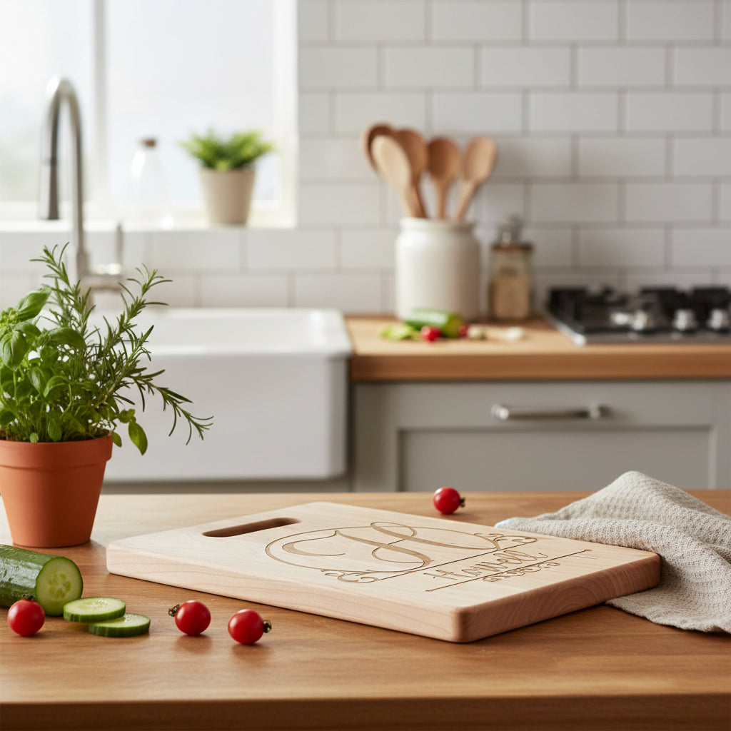 A personalized maple cutting board with a monogram and the name 'Howell' engraved on it.