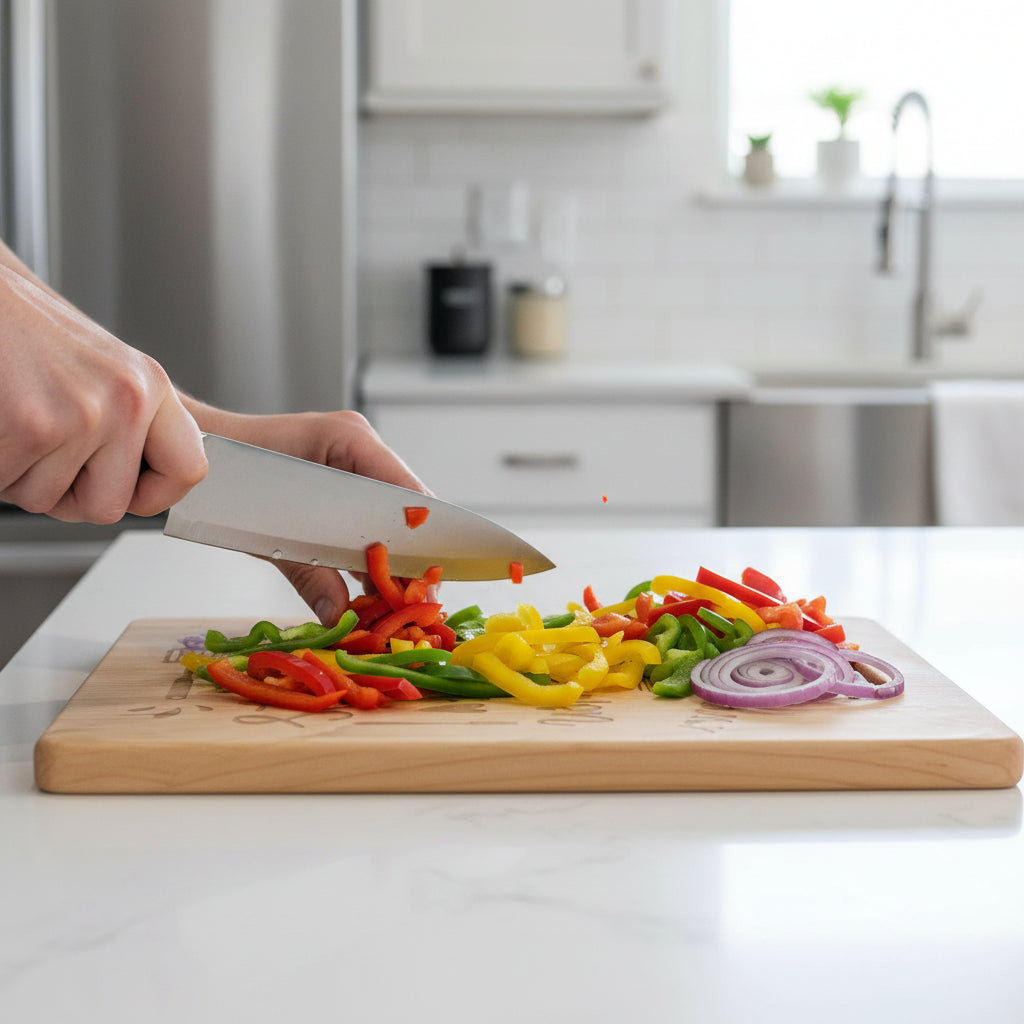 A rectangular maple wood cutting board with a handle, featuring the inscription 'LOVE SERVED DAILY FROM MOM'S KITCHEN' and '24 HOURS' along with kitchen utensil illustrations.