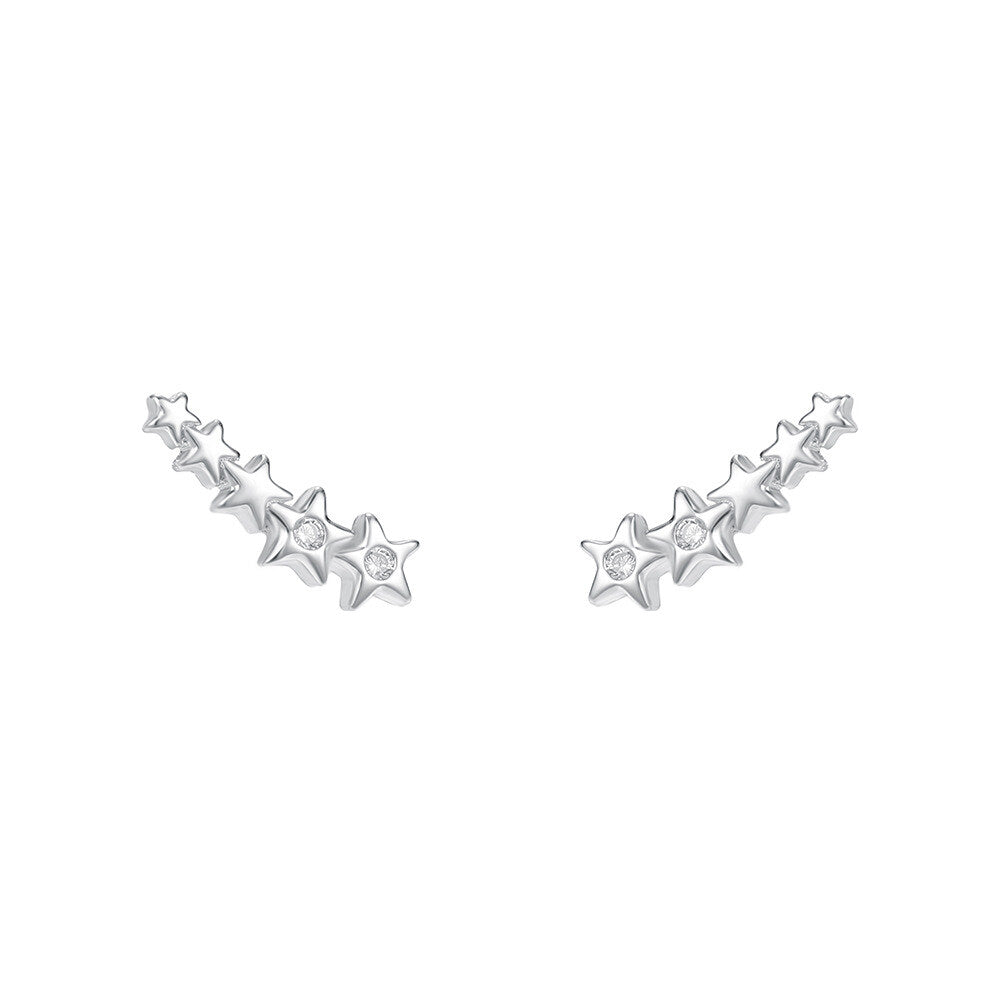 Front-facing studio shot of S925 sterling silver graduating star ear climber earrings with clear zircon stones