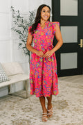 Polished and Pretty Waist Tie Women's Tea Dress - Vibrant Pink Floral Midi Dress Front View