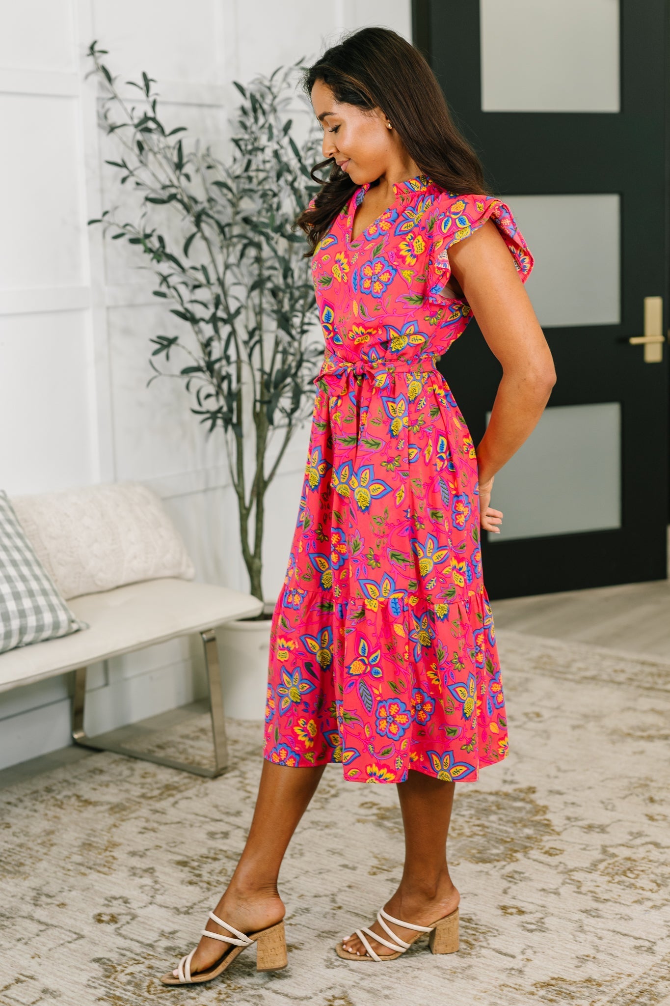 Polished and Pretty Waist Tie Women's Tea Dress - Model Styling View with Ruffle Sleeves