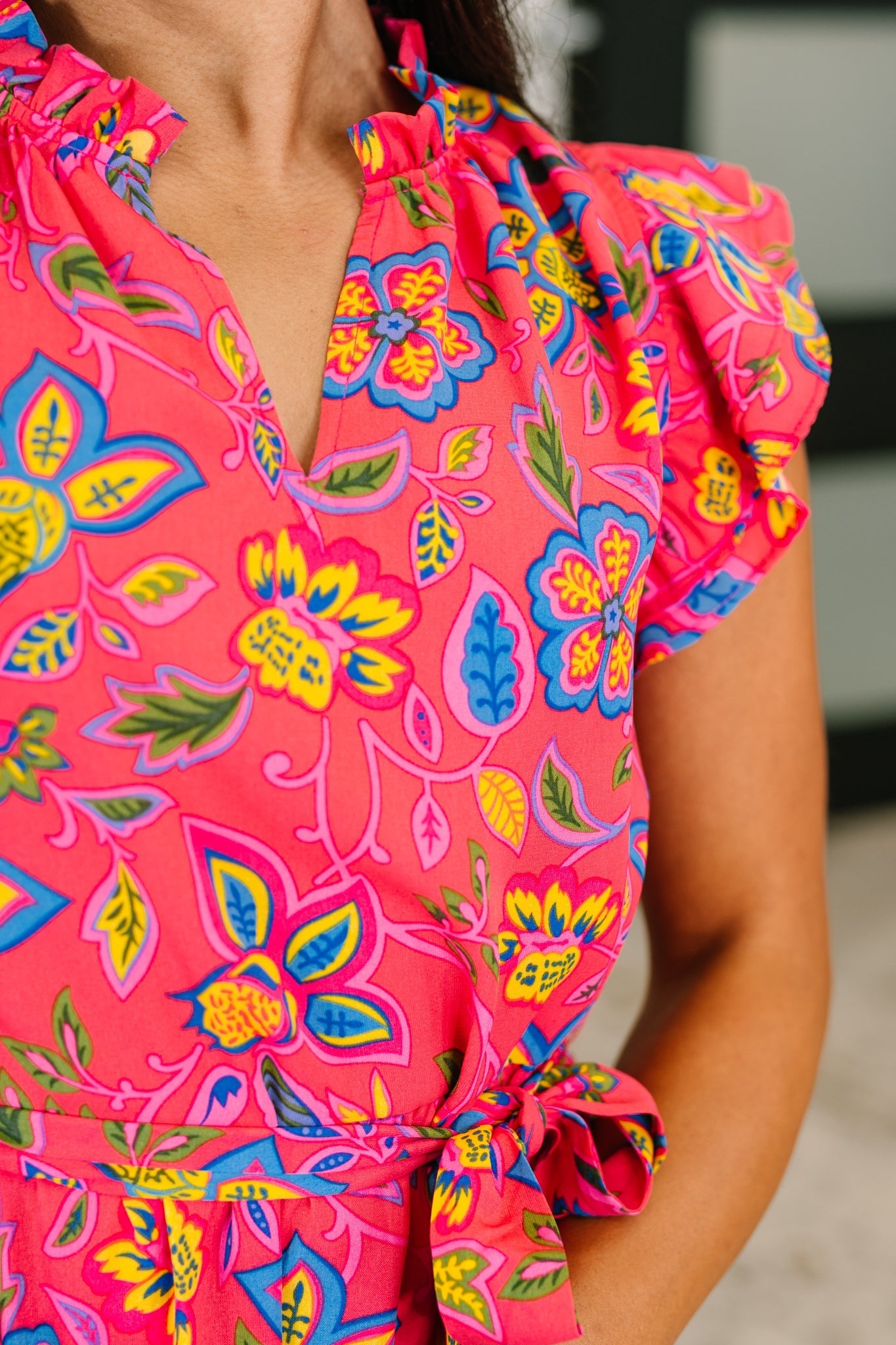 Polished and Pretty Waist Tie Women's Tea Dress - Close-up Floral Print Pattern Detail