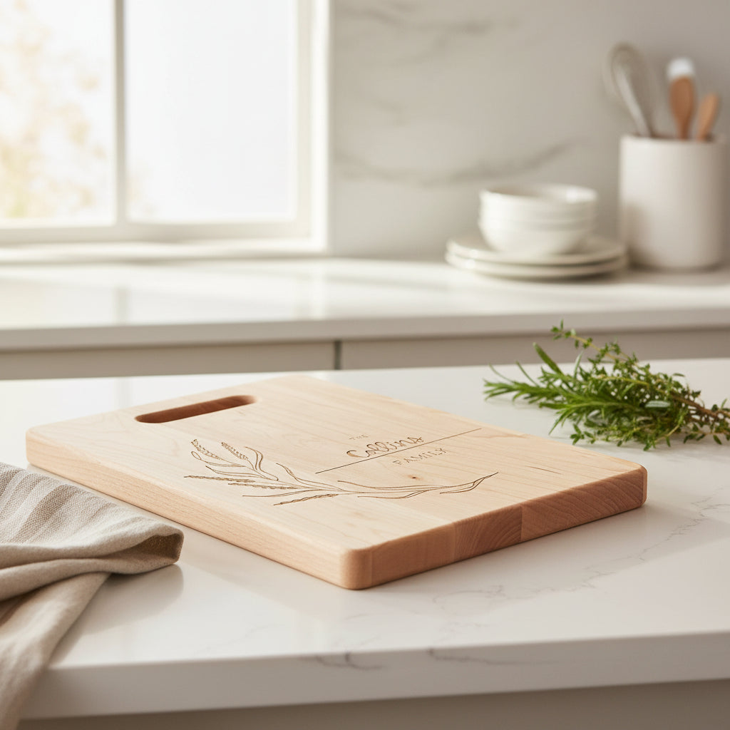 Wooden cutting board with engraved design and 'The Collins Family' text on a white background