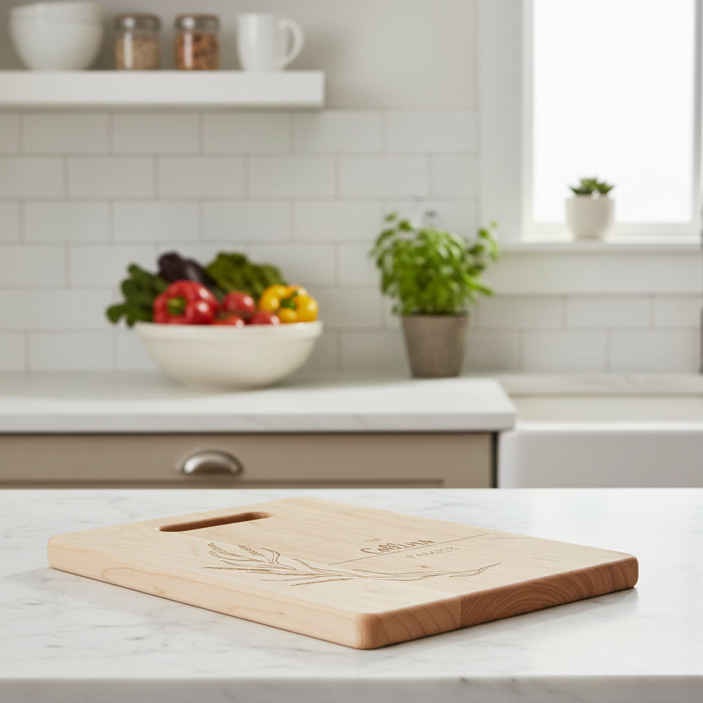 Wooden cutting board with engraved design and 'Collins Family' text on a white background