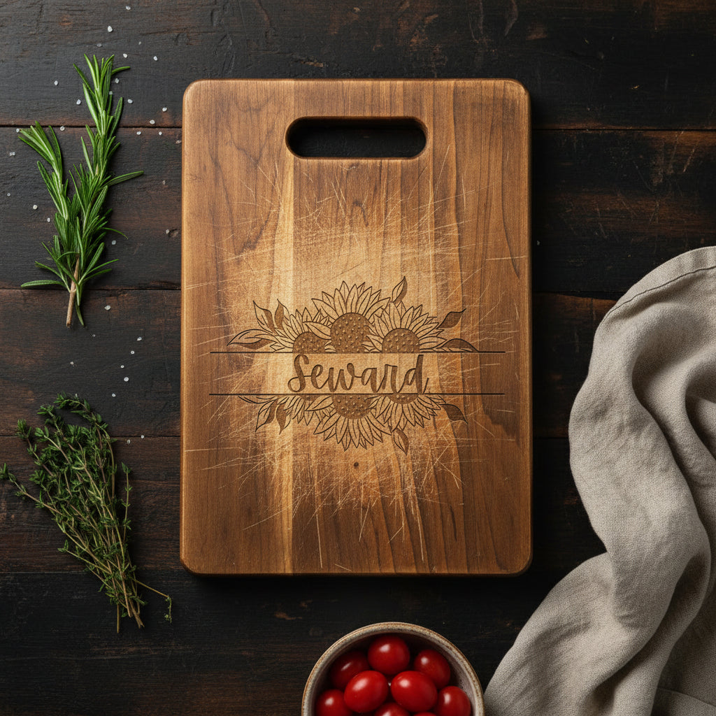 Sunflower Personalized Family Name Maple Cutting Board 11.5" x 8.75"