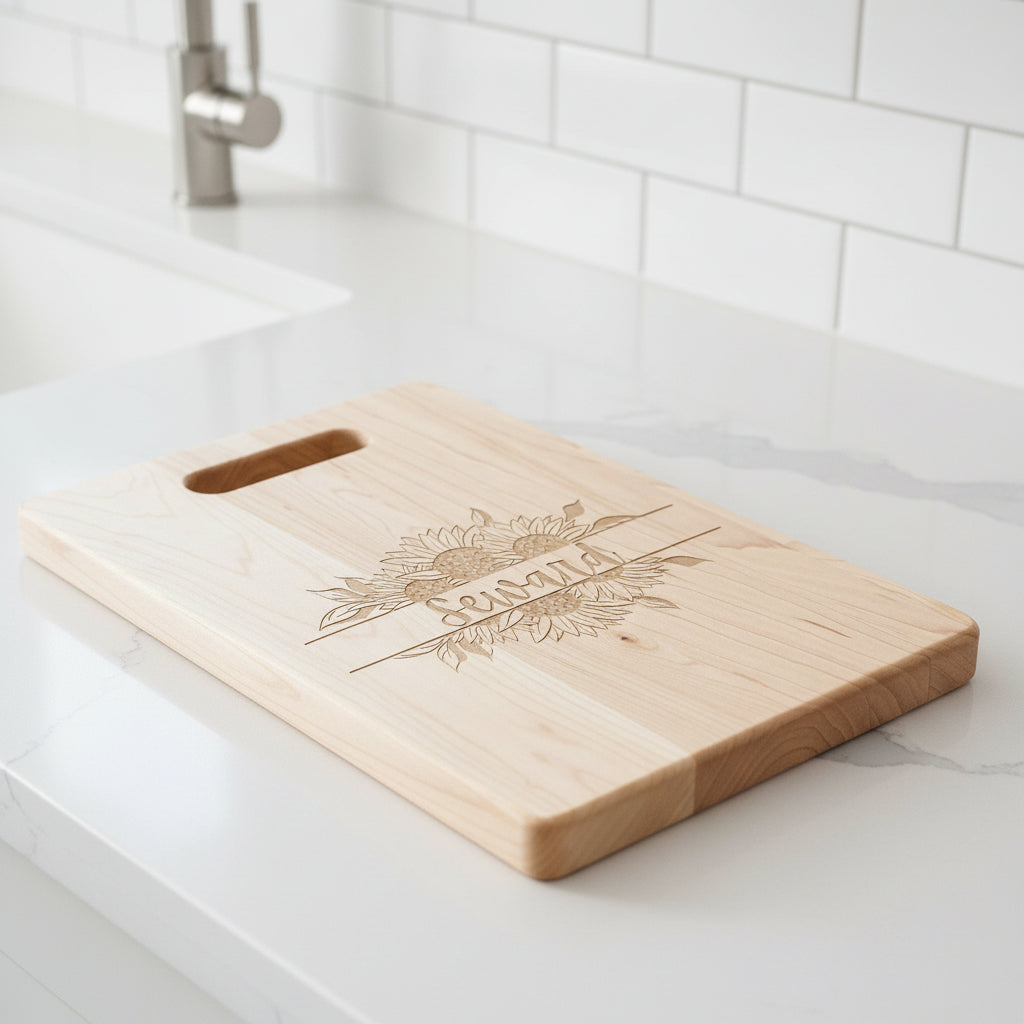A rectangular maple cutting board with a floral design and the name 'Sunflower' engraved on it, along with a handle at the top.