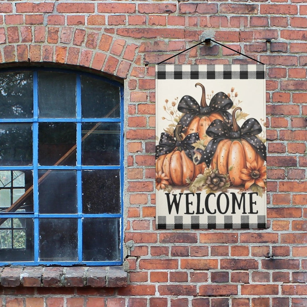 Plaid Pumpkin Fall Welcome Linen Outdoor Garden Flag Yard Decoration