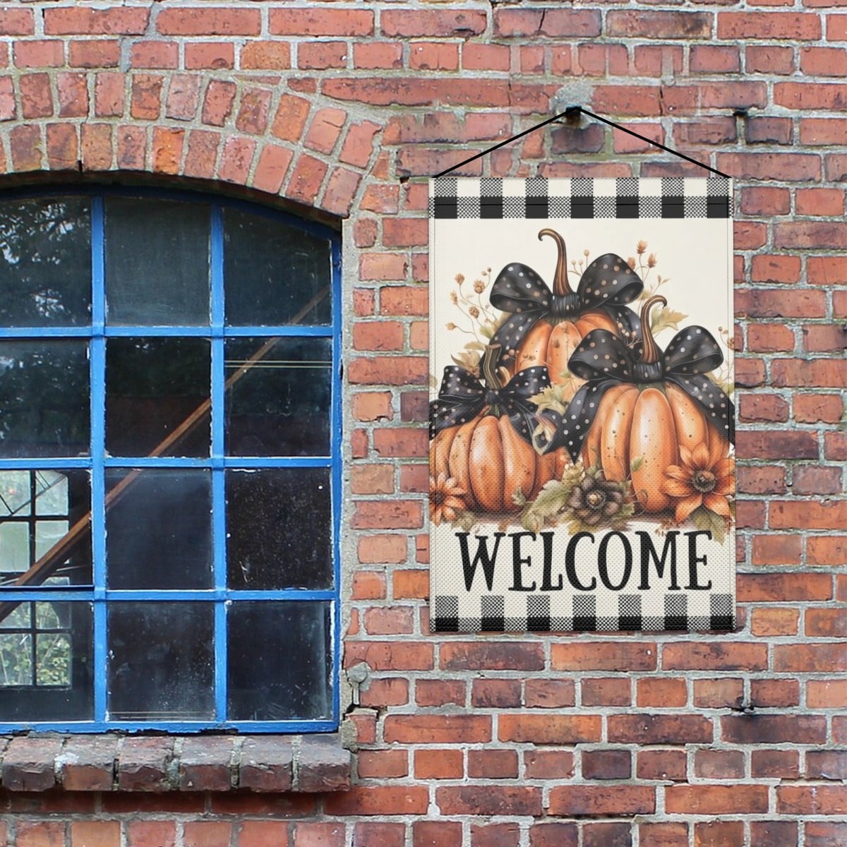 Plaid Pumpkin Fall Welcome Linen Outdoor Garden Flag Yard Decoration