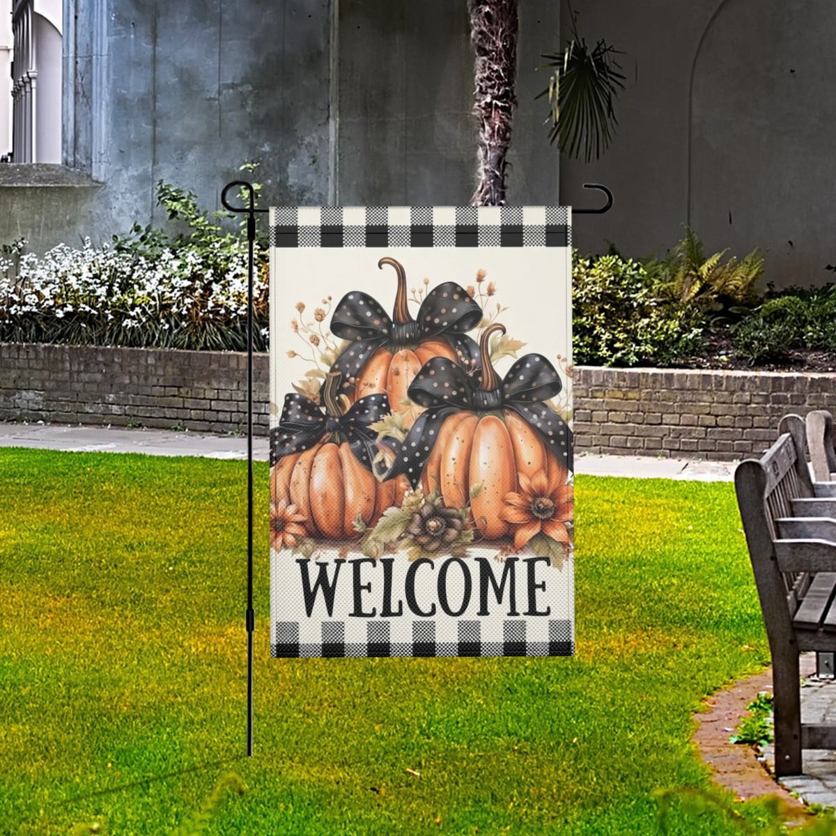 Plaid Pumpkin Fall Welcome Linen Outdoor Garden Flag Yard Decoration