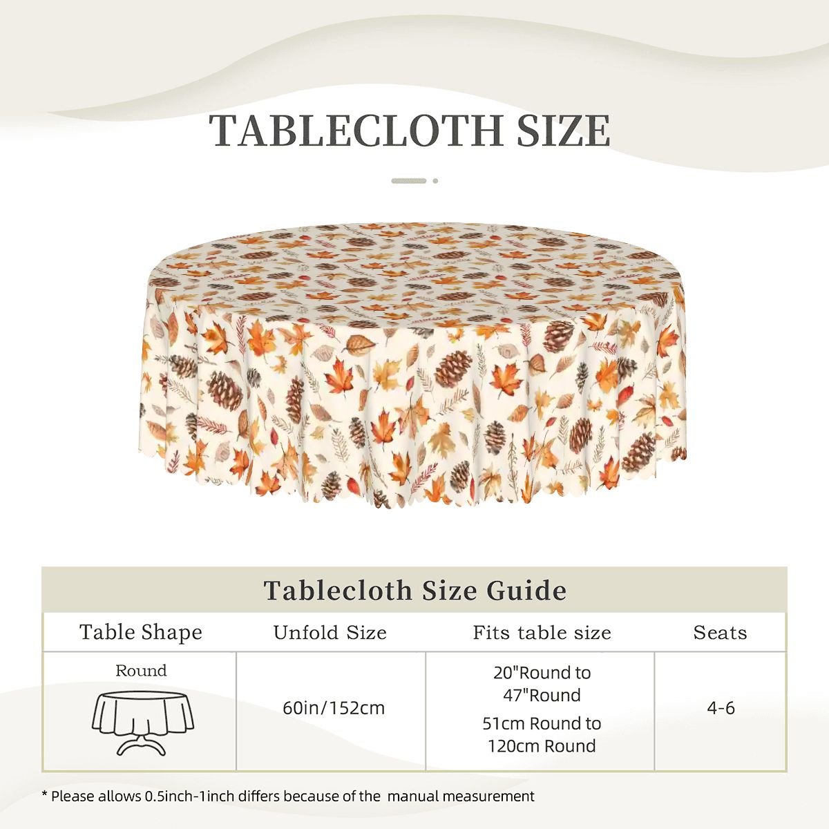 Fallen Leaves and Fir Cones Round Tablecloth with Wavy Edge 60"