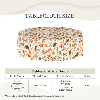 Fallen Leaves and Fir Cones Round Tablecloth with Wavy Edge 60"