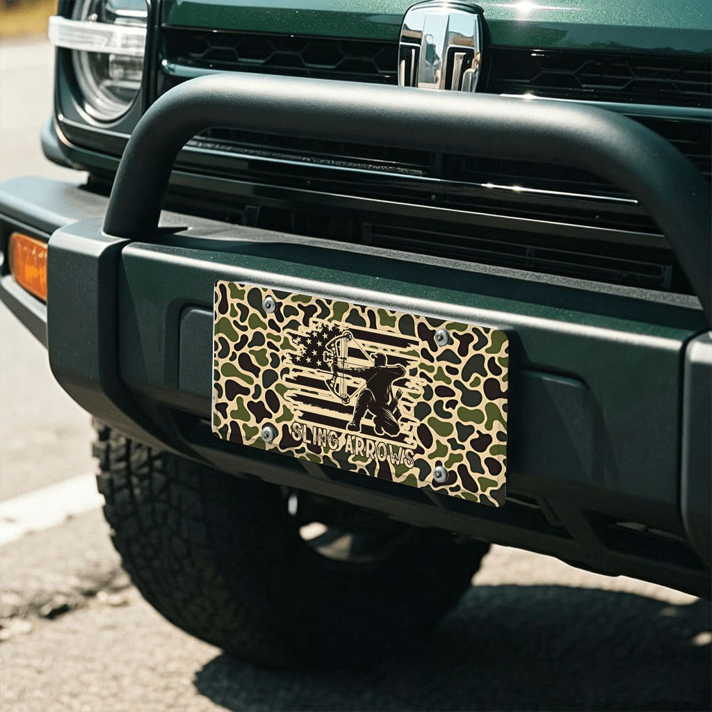 Sling Arrows Old Skool Camouflage Bowhunter Vehicle Decor License Plate 12" × 6"