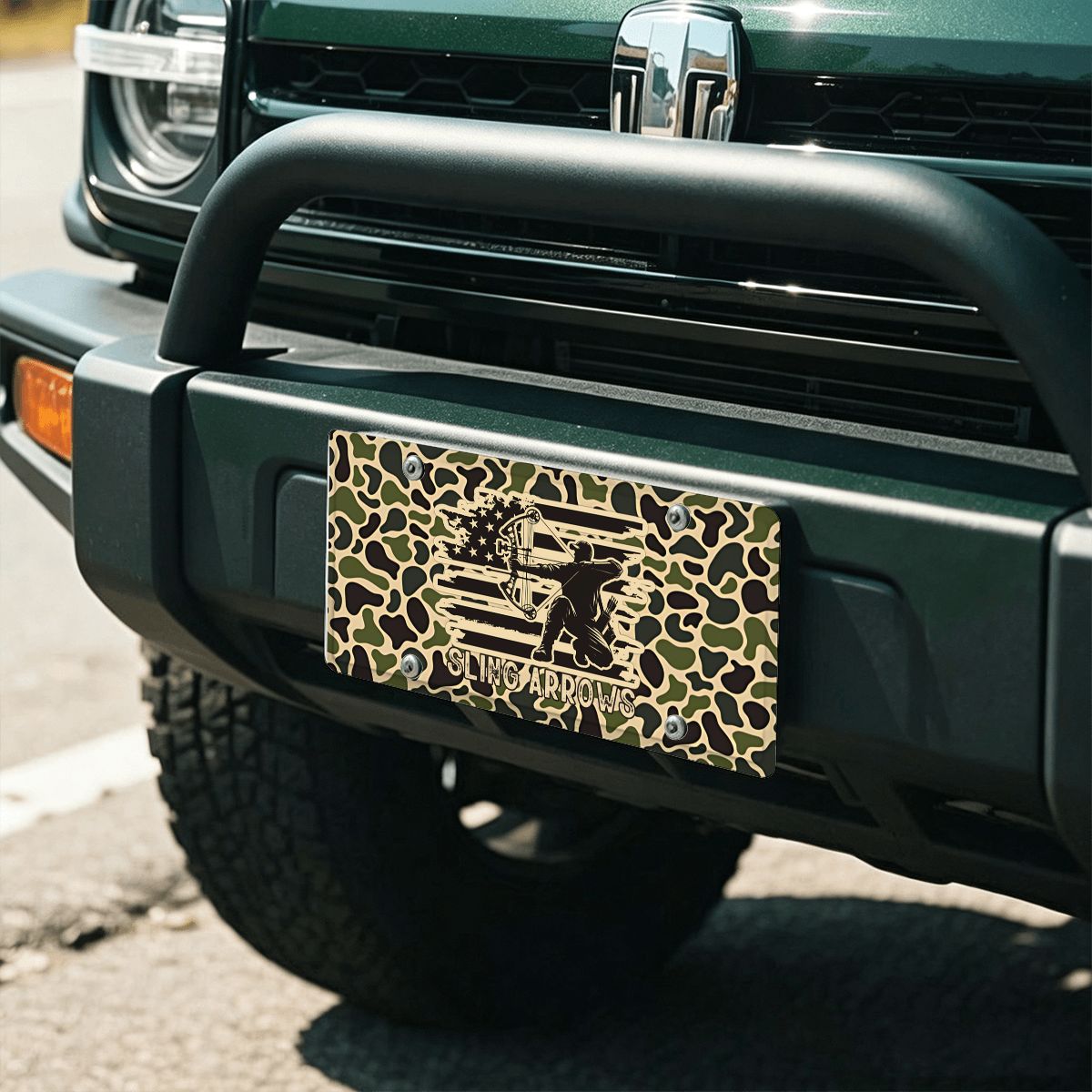 Sling Arrows Old Skool Camouflage Bowhunter Vehicle Decor License Plate 12" × 6"