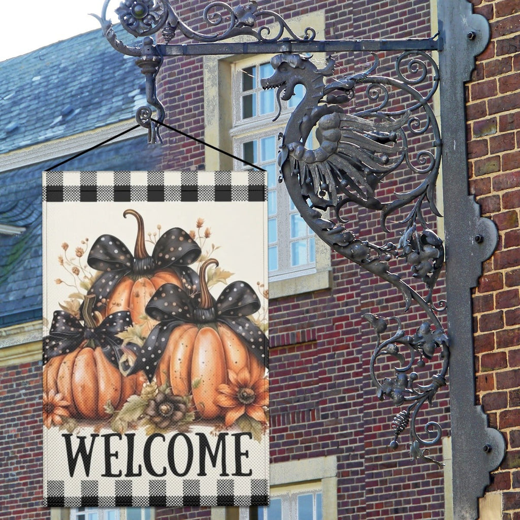 Plaid Pumpkin Fall Welcome Linen Outdoor Garden Flag Yard Decoration