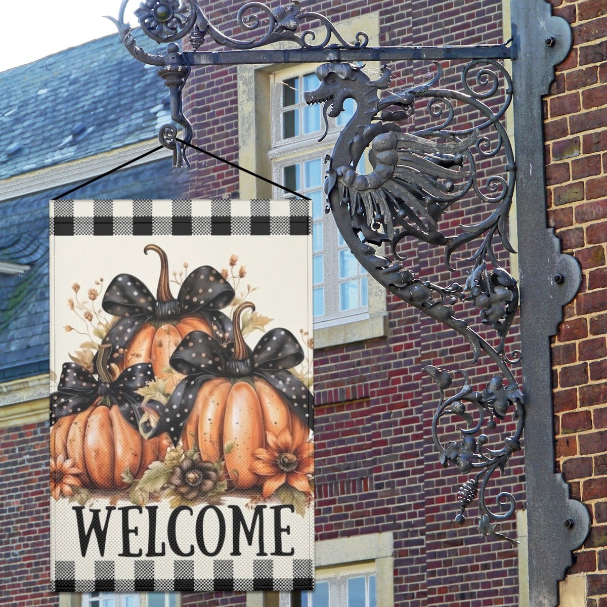 Plaid Pumpkin Fall Welcome Linen Outdoor Garden Flag Yard Decoration