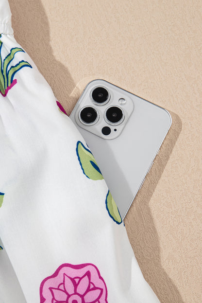 Floral Ruffle Hem Pop of Color Neckline Dress