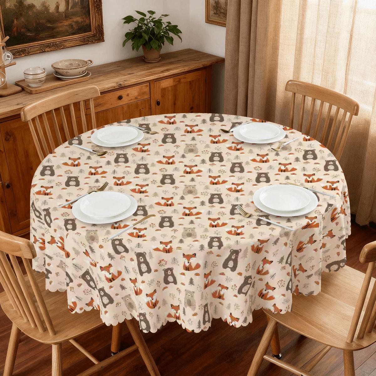 Woodland Forest Friends Round Tablecloth with Wavy Edge 60"