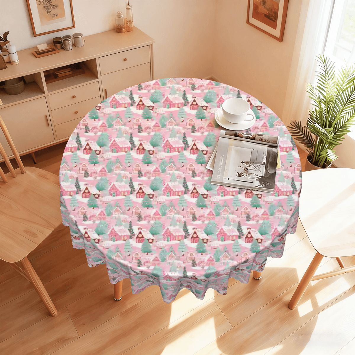 Pink Wonderland Christmas Round Tablecloth with Wavy Edge 60"