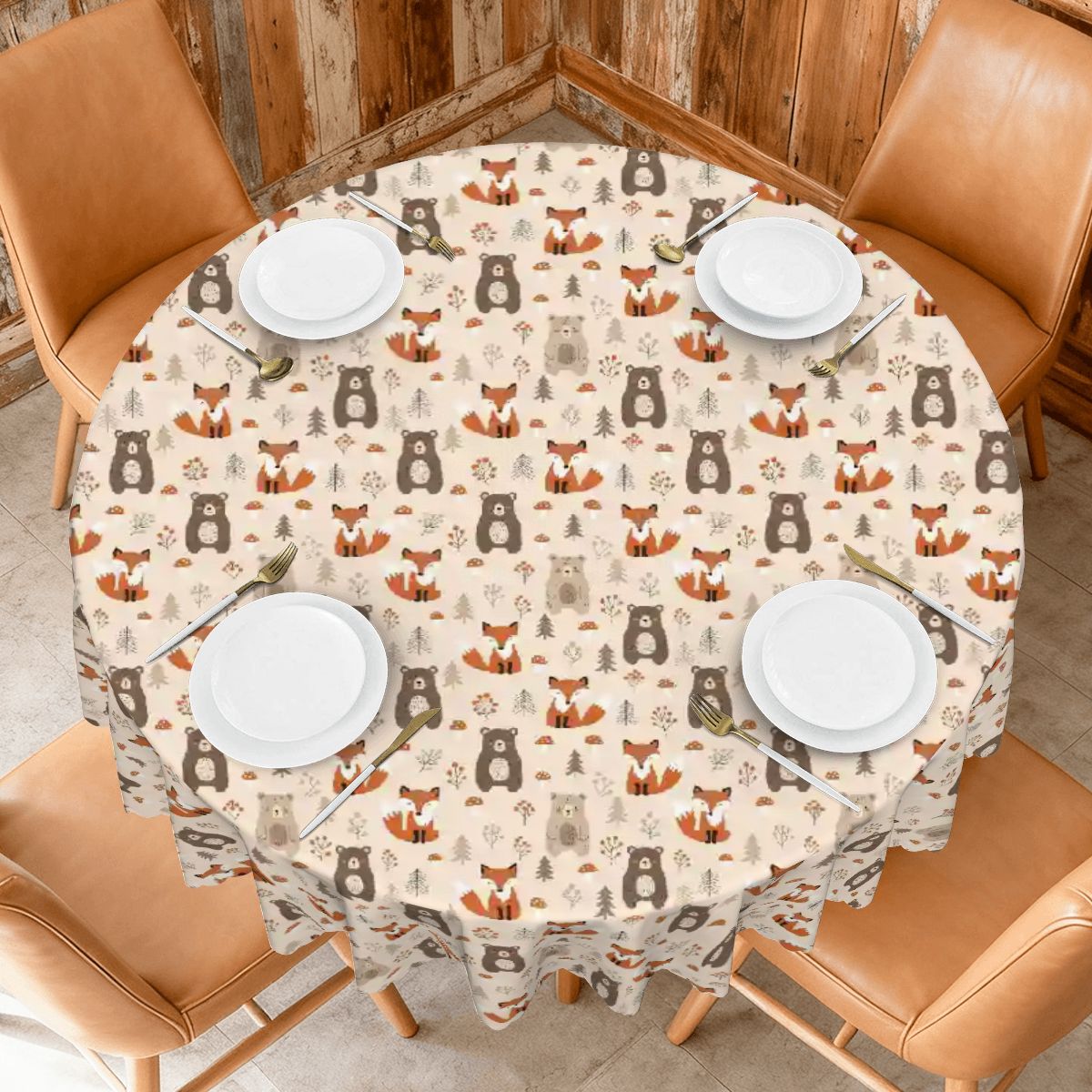 Woodland Forest Friends Round Tablecloth with Wavy Edge 60"