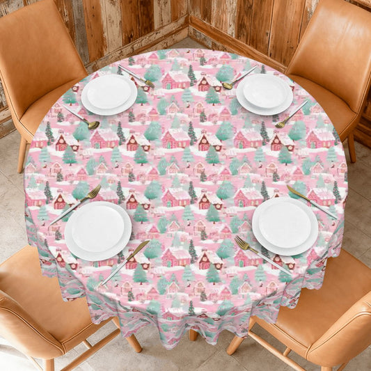 Pink Wonderland Christmas Round Tablecloth with Wavy Edge 60"