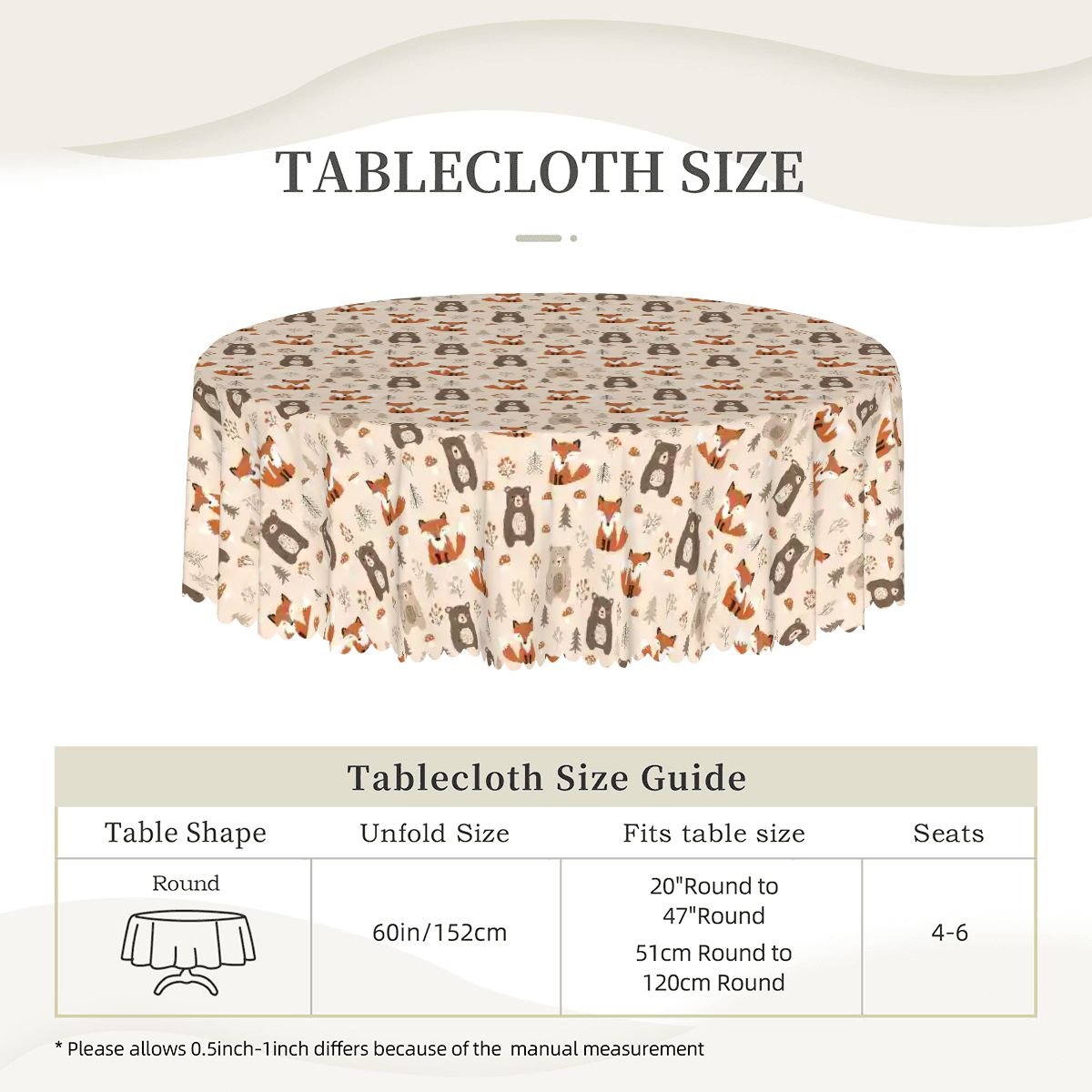 Woodland Forest Friends Round Tablecloth with Wavy Edge 60"