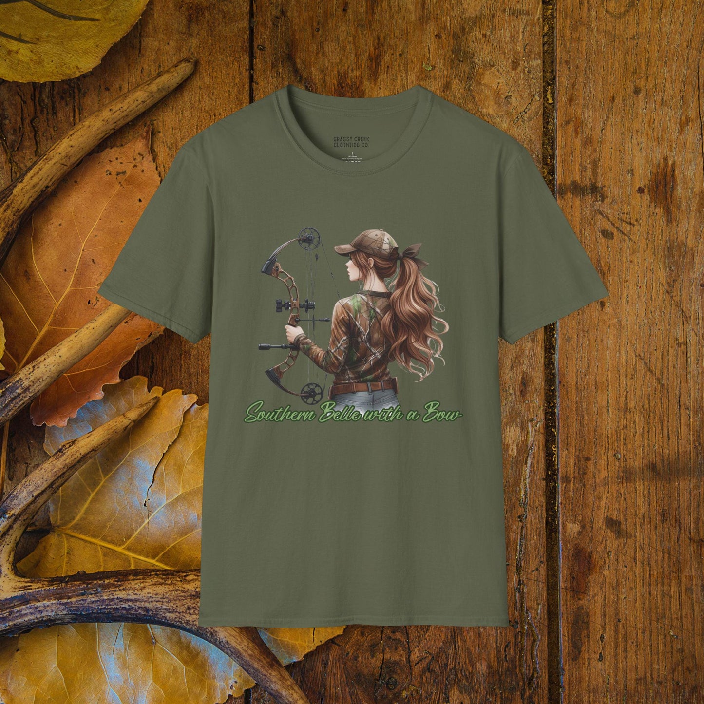 Southern Belle With A Bow Female Bowhunter Graphic Softstyle T-Shirt