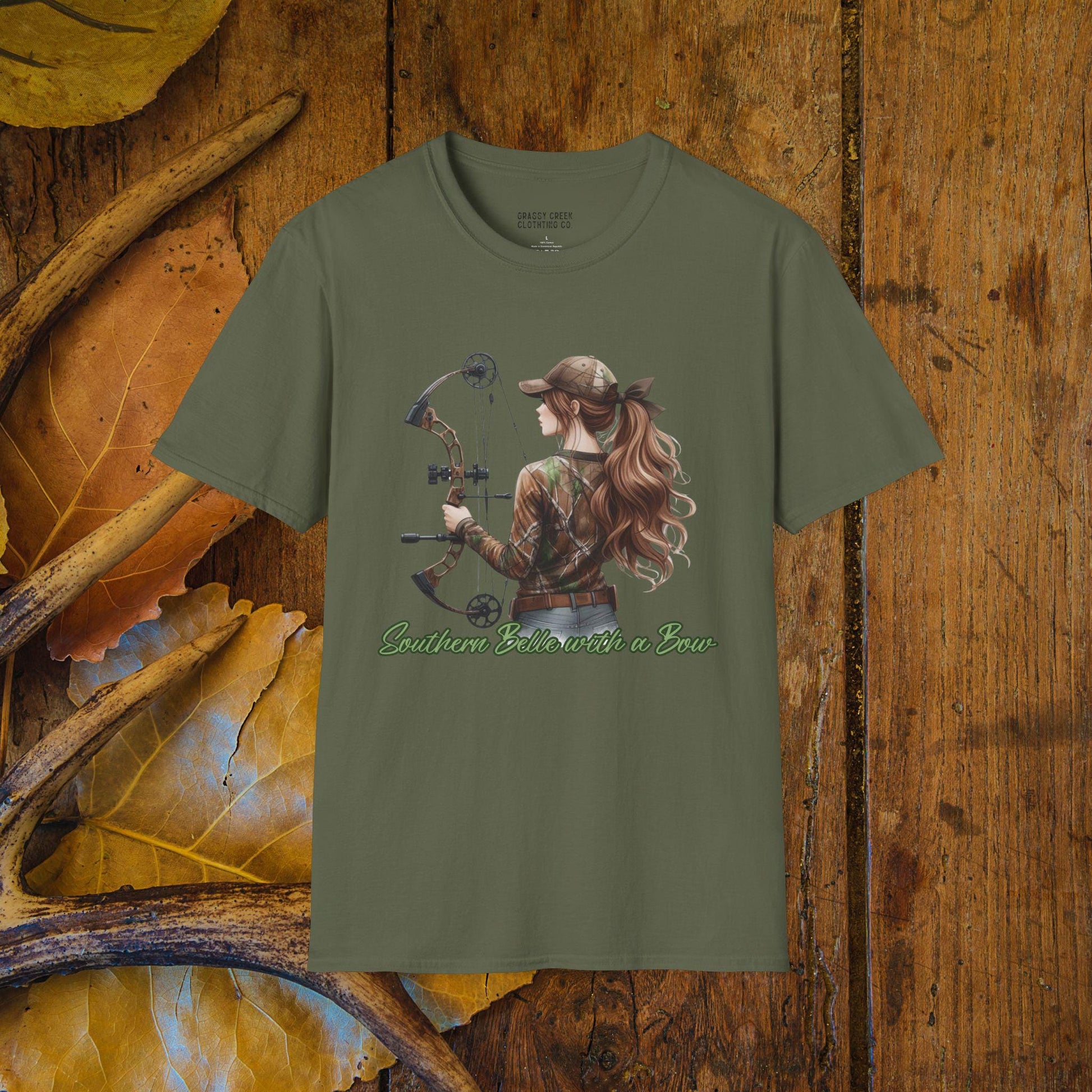 Southern Belle With A Bow Female Bowhunter Graphic Softstyle T-Shirt