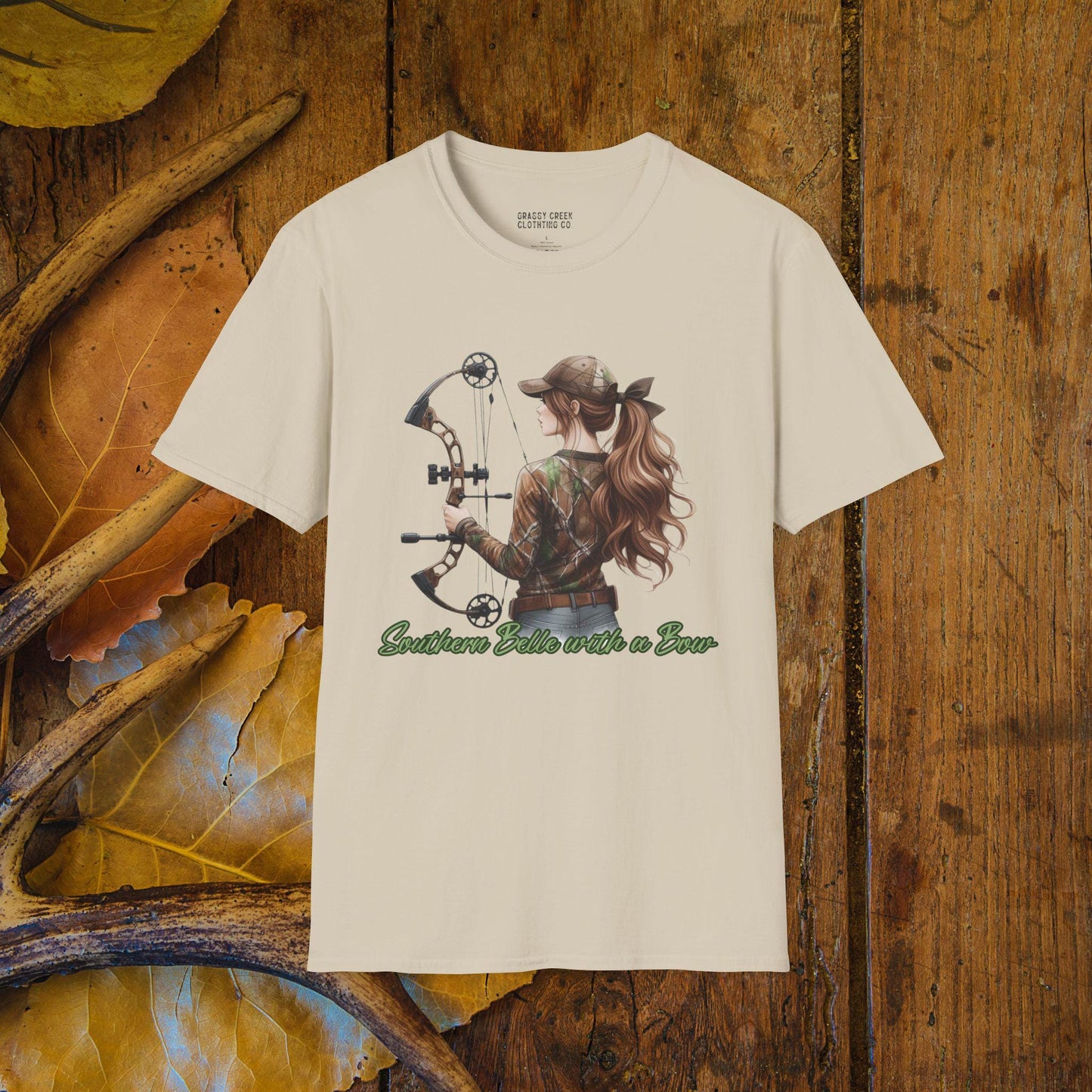 Southern Belle With A Bow Female Bowhunter Graphic Softstyle T-Shirt