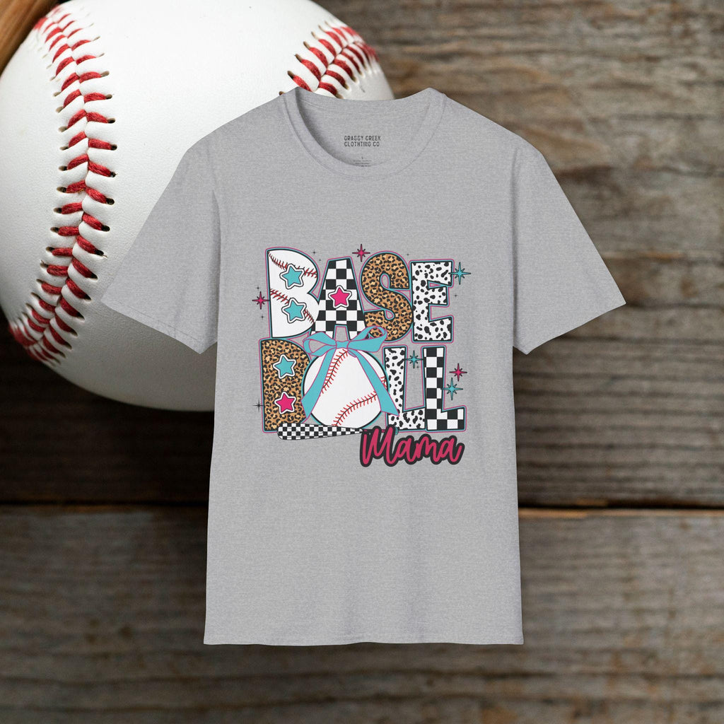 Retro Leopard & Checkered Baseball Mama Design Softstyle T-Shirt