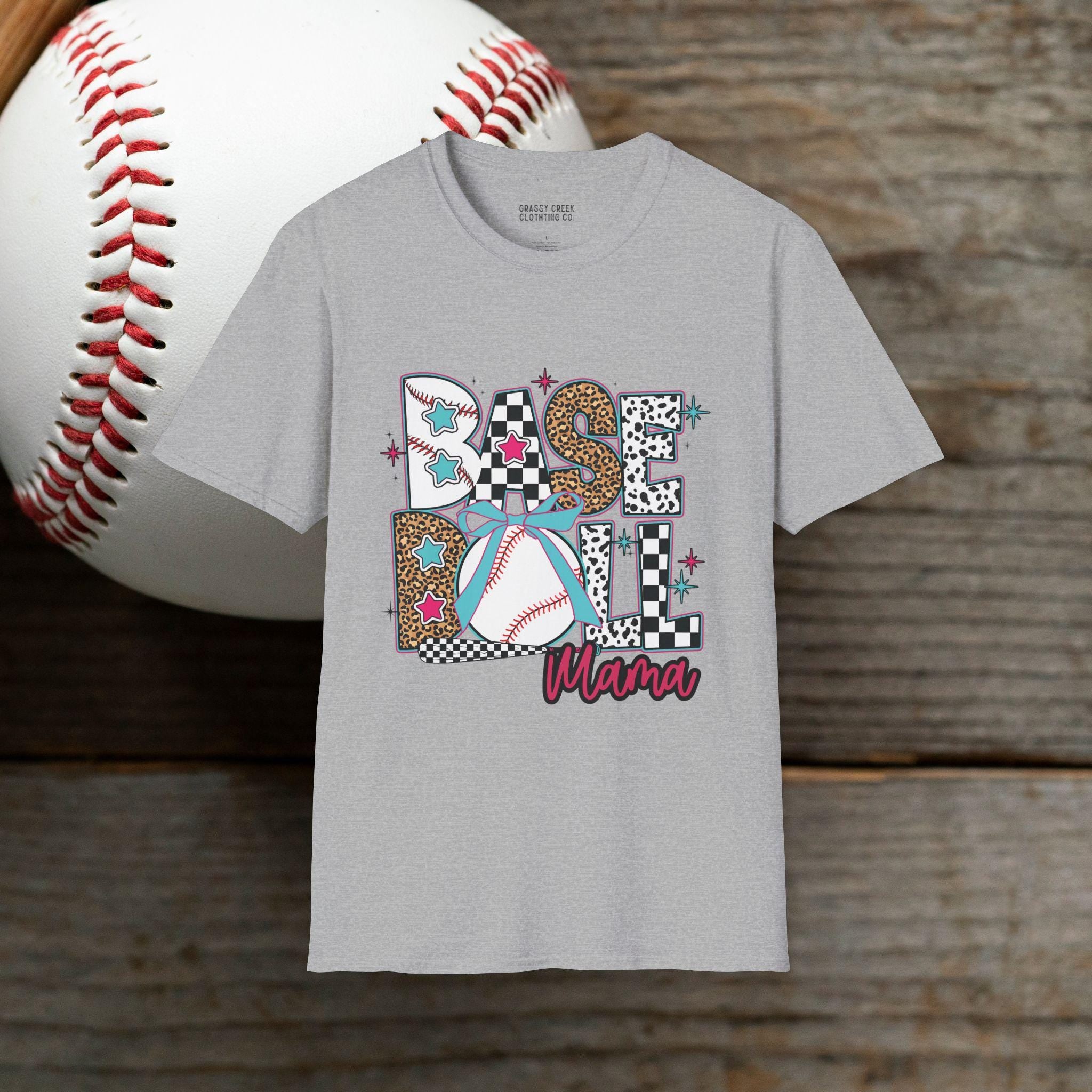 Retro Leopard & Checkered Baseball Mama Design Softstyle T-Shirt