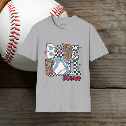 Retro Leopard & Checkered Baseball Mama Design Softstyle T-Shirt