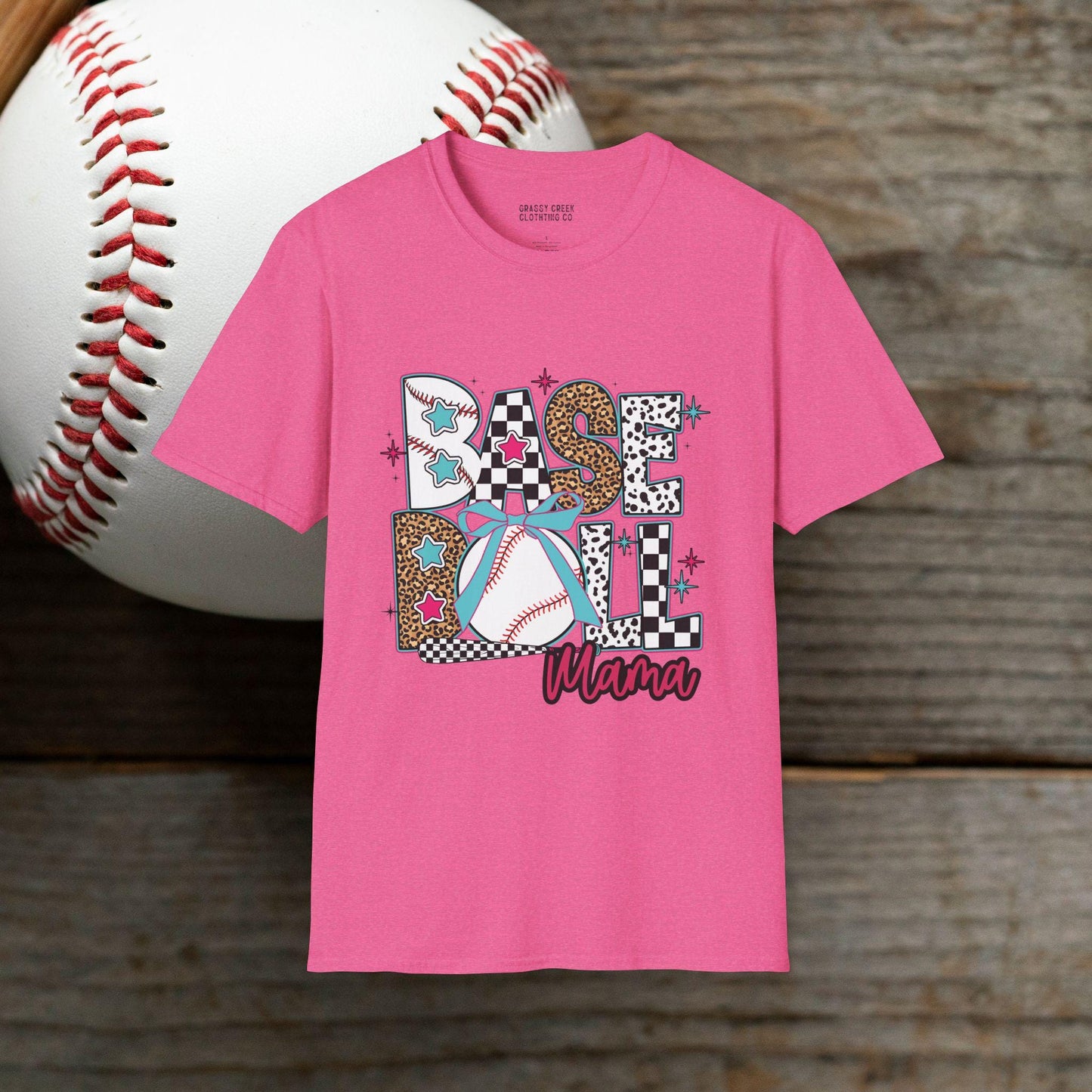 Retro Leopard & Checkered Baseball Mama Design Softstyle T-Shirt