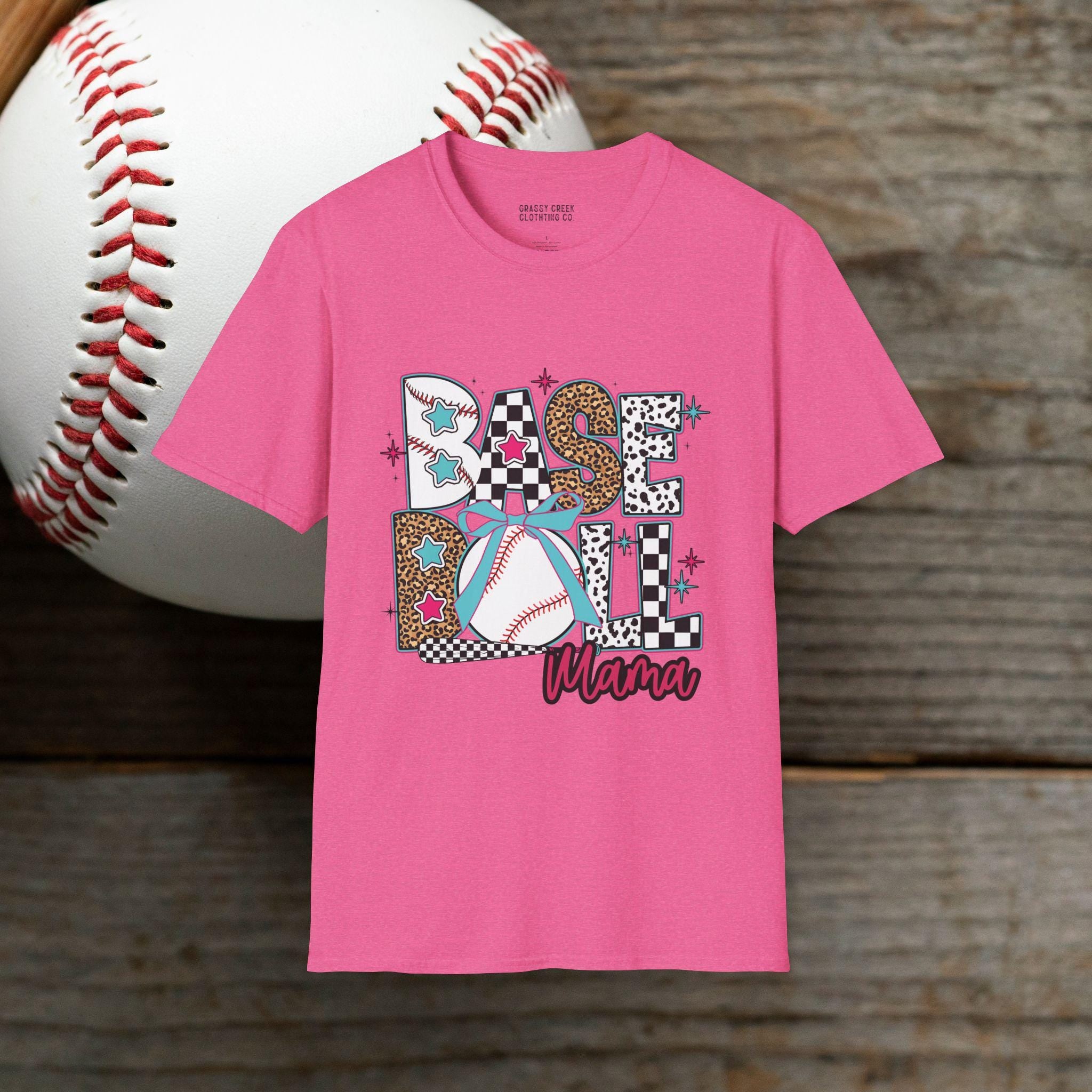 Retro Leopard & Checkered Baseball Mama Design Softstyle T-Shirt