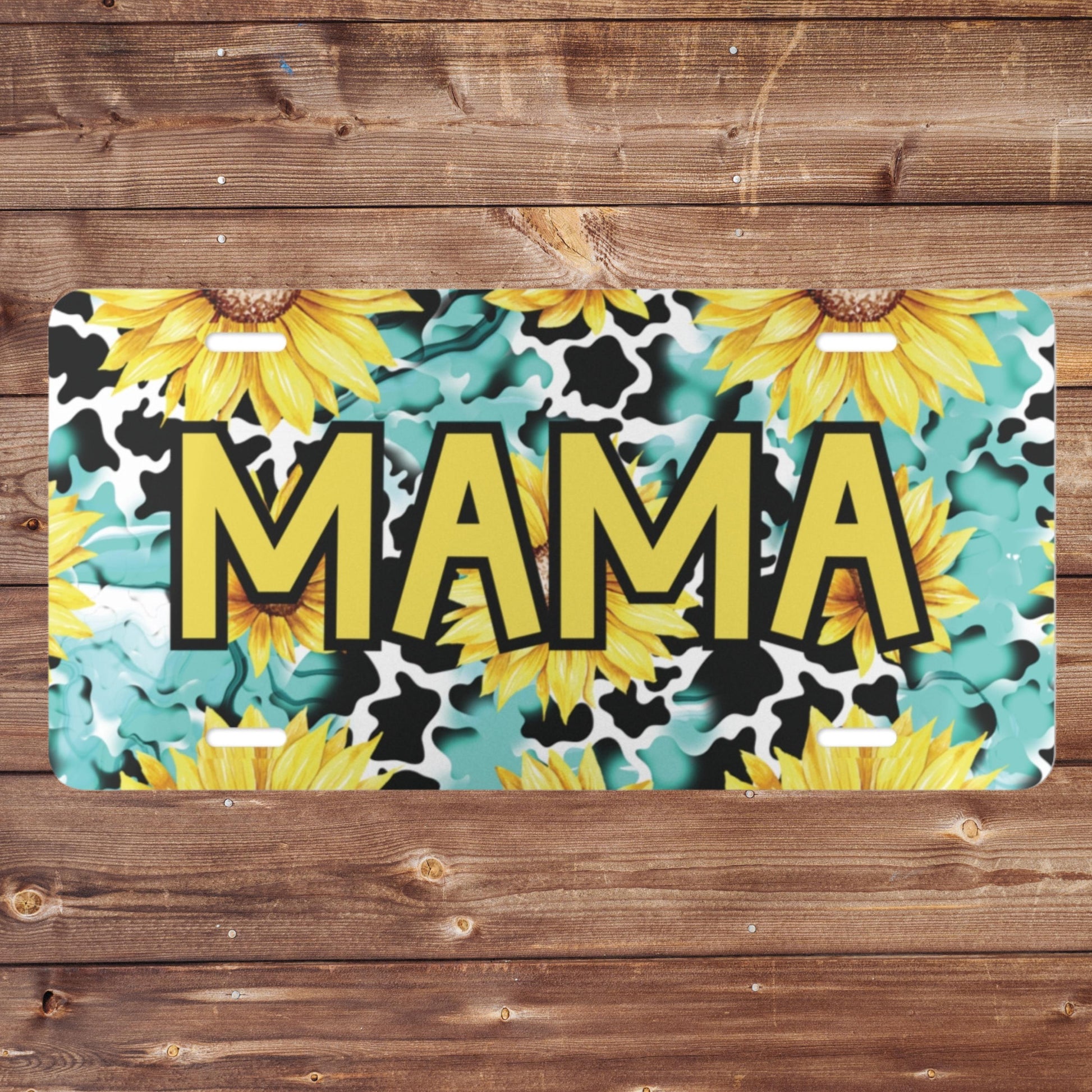 Mama Sunflower, Turquoise & Cow Print Decorative Front Vehicle License Plate