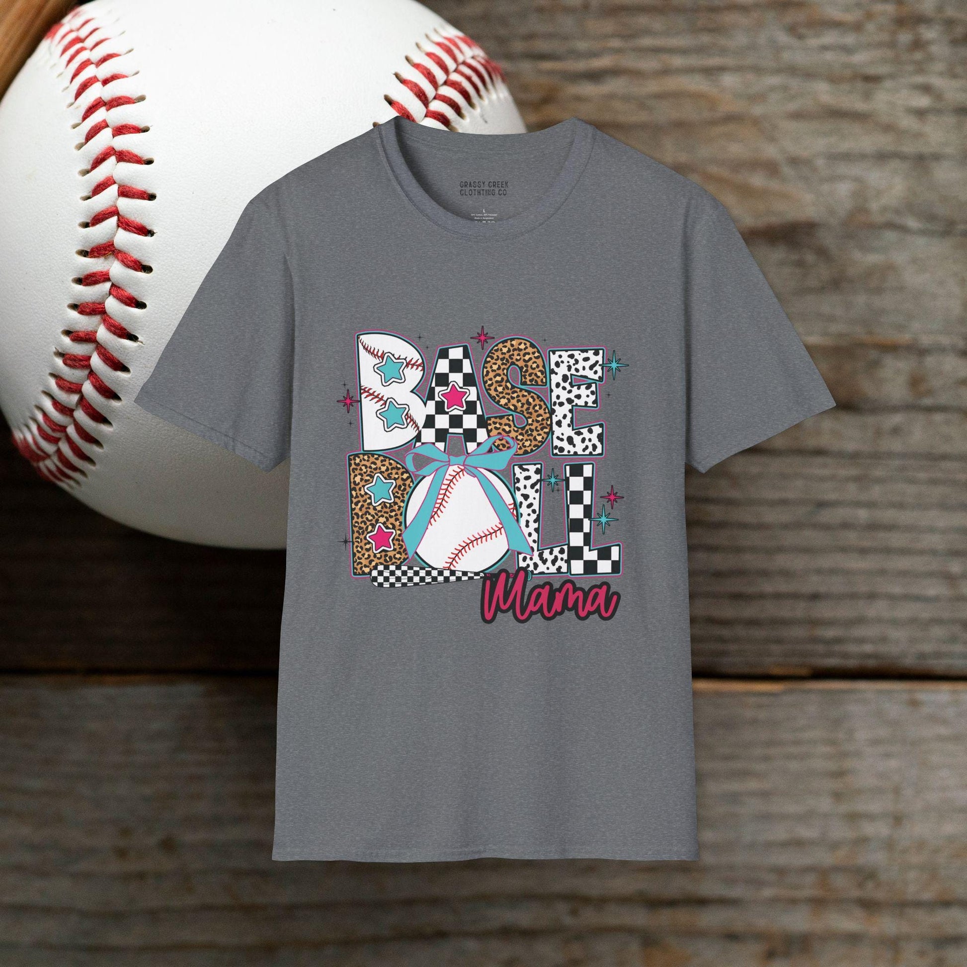 Retro Leopard & Checkered Baseball Mama Design Softstyle T-Shirt