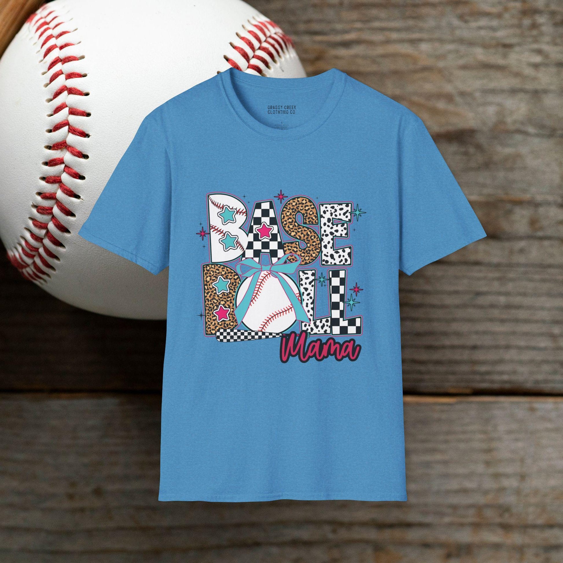 Retro Leopard & Checkered Baseball Mama Design Softstyle T-Shirt