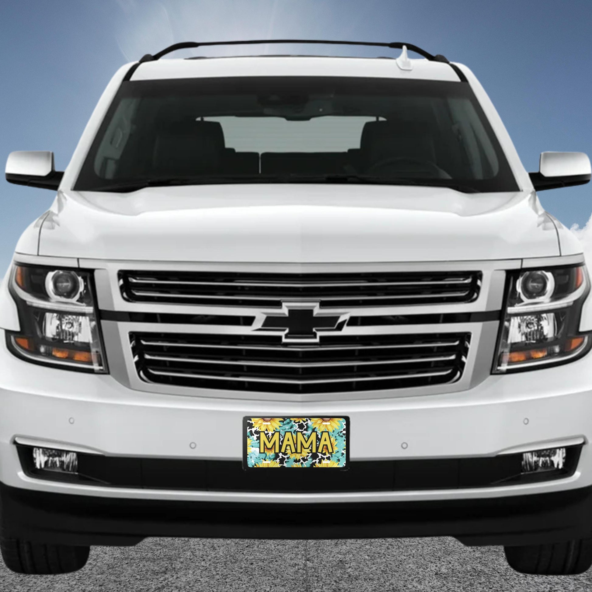 Mama Sunflower, Turquoise & Cow Print Decorative Front Vehicle License Plate